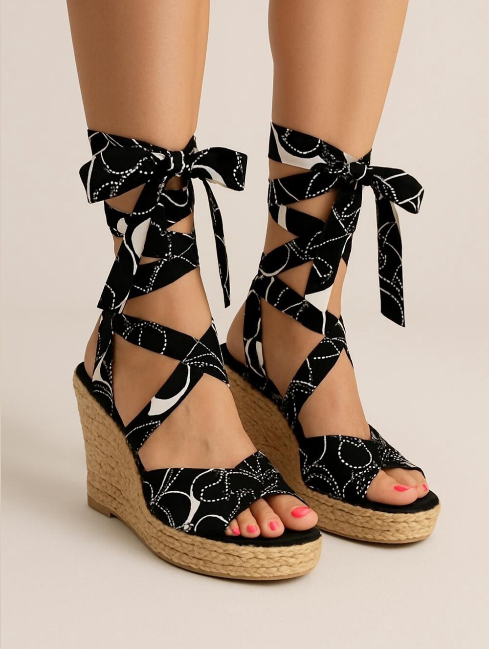Very Volatile Black & White Lace-Up Espadrille Wedge Sandals Floral High Heels